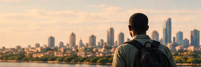 A traveller looking towards an African city skyline.